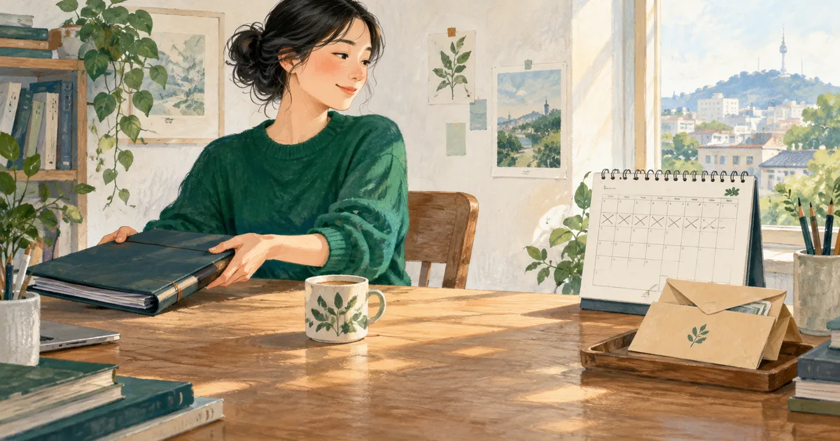 취소된 프로젝트 서류를 치우고 남은 생활비 일정을 보는 모습