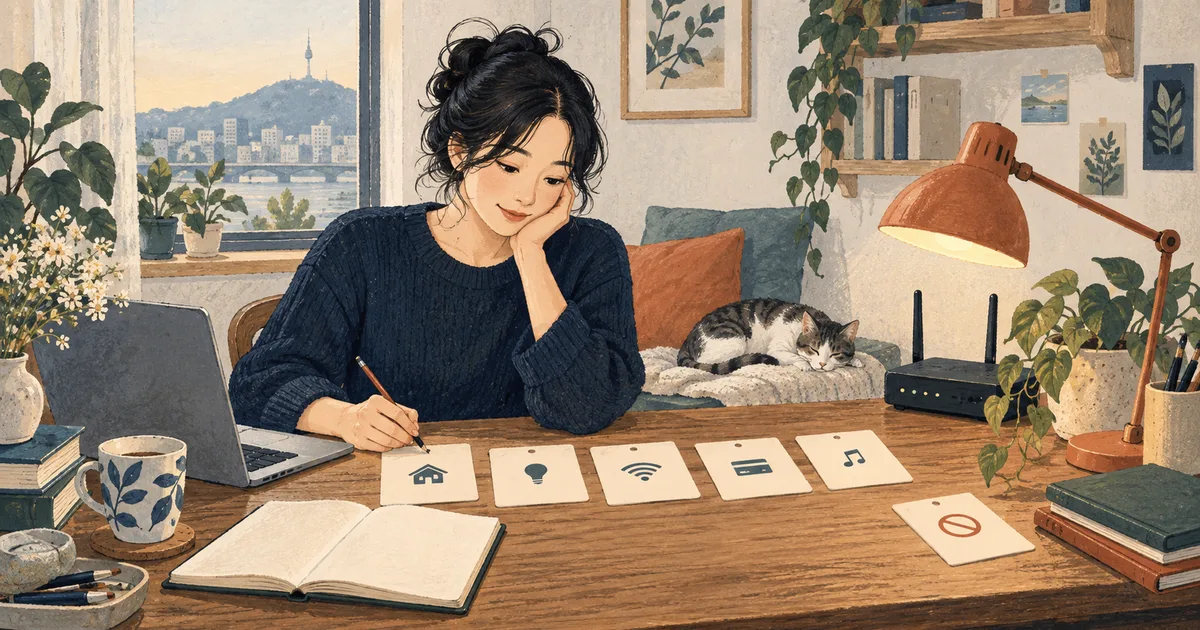 매달 반복되는 비용 카드를 정리한 책상