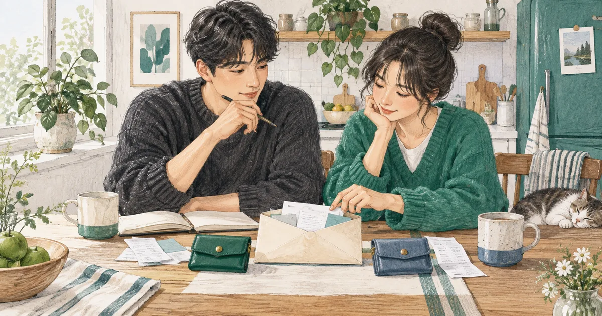두 사람이 각자의 지갑과 공동생활비 봉투를 정리하는 모습